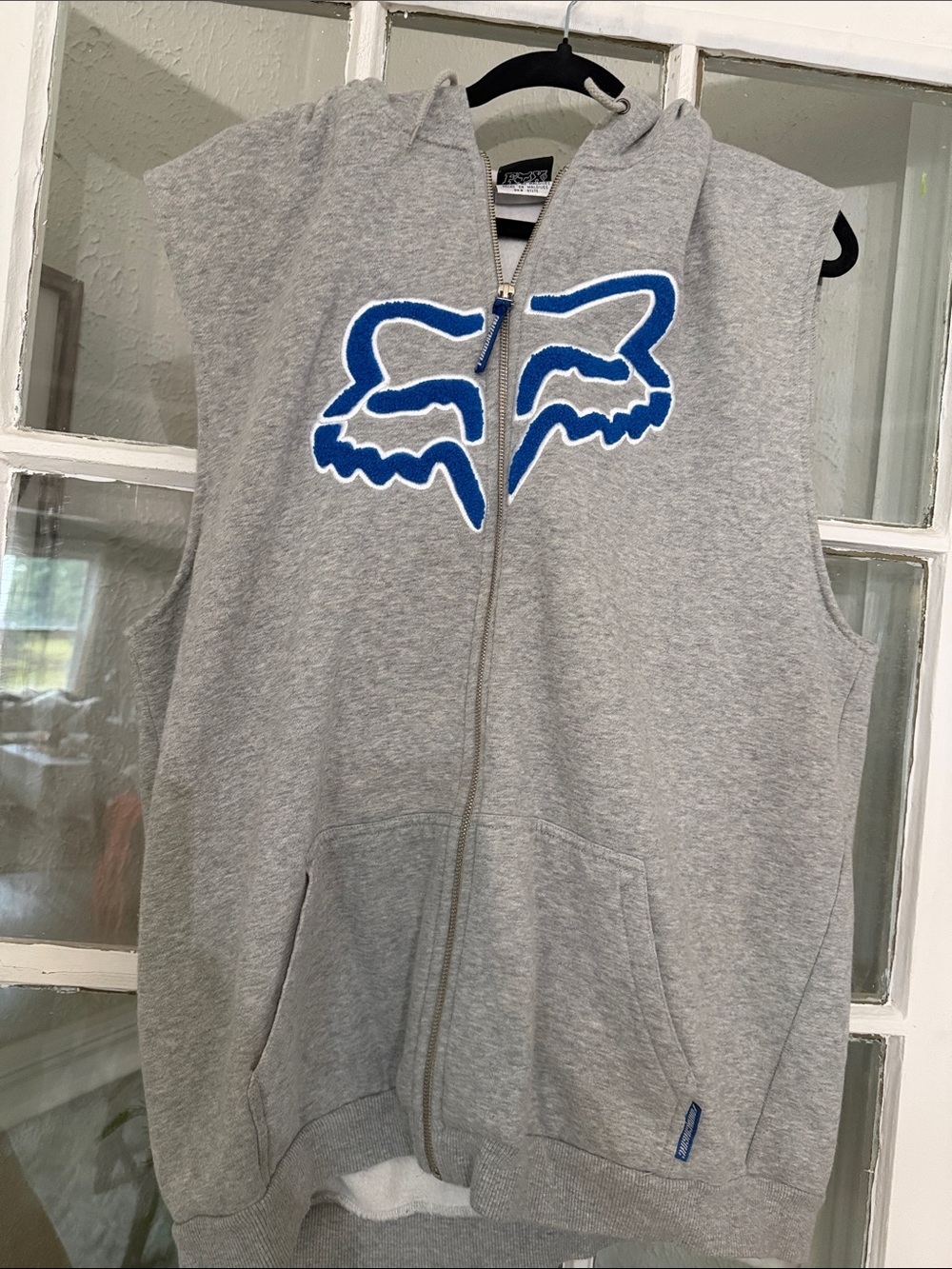 Fox Mens' Gray Sleeveless Zip Hoodie with Blue Logo